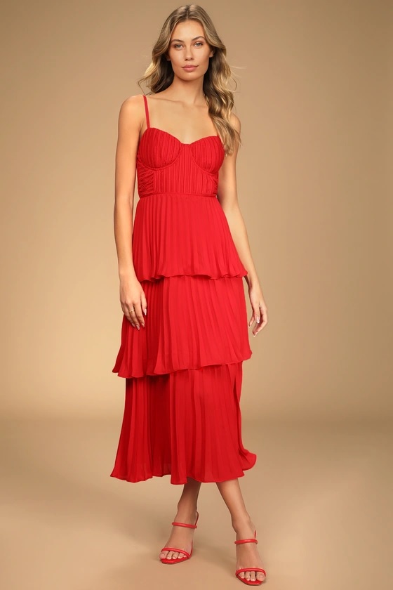 5-2 Cascading Crush Red Tiered Bustier Midi Dress